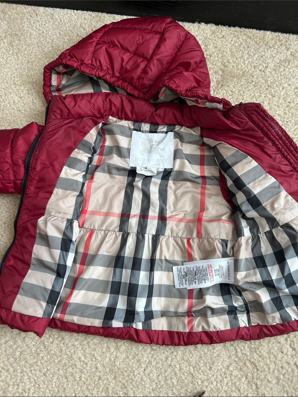 Burberry Kids Maroon Hooded Puffer Coat with Signature Check Lining